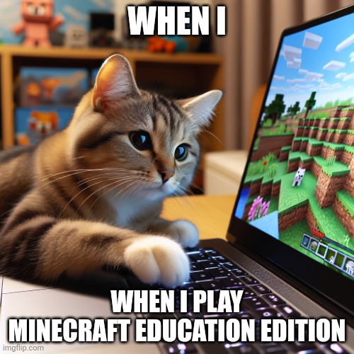 Cat playong minecraft | WHEN I; WHEN I PLAY MINECRAFT EDUCATION EDITION | image tagged in cute cat,minecraft | made w/ Imgflip meme maker