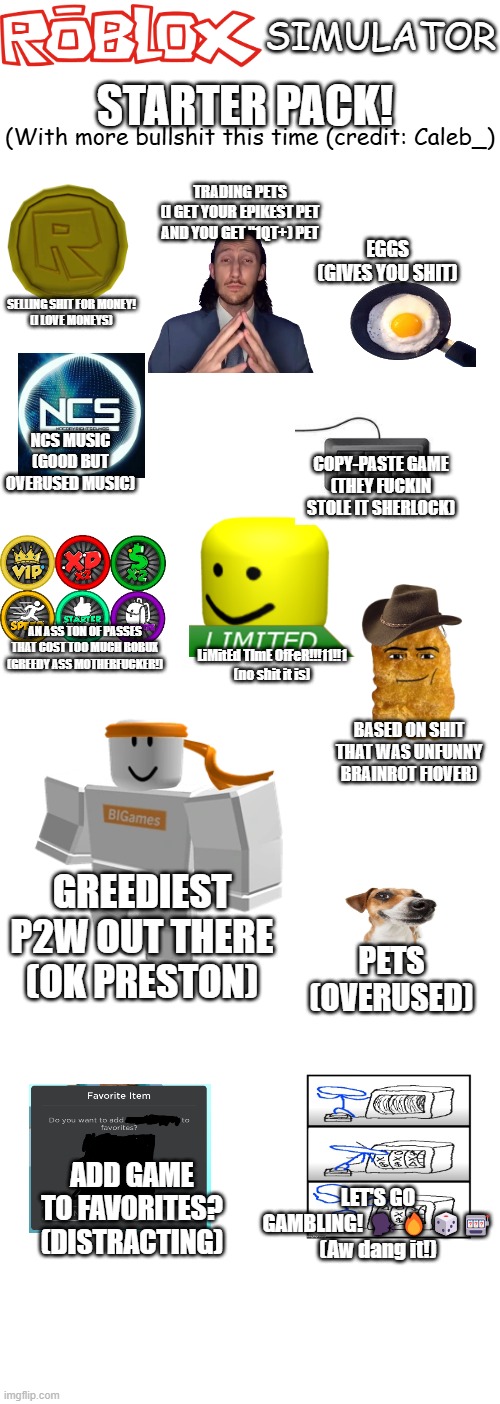 waht not to add basically | SIMULATOR; STARTER PACK! (With more bullshit this time (credit: Caleb_); TRADING PETS
(I GET YOUR EPIKEST PET AND YOU GET "1QT+) PET; EGGS
(GIVES YOU SHIT); SELLING SHIT FOR MONEY!
(I LOVE MONEYS); NCS MUSIC
(GOOD BUT OVERUSED MUSIC); COPY-PASTE GAME
(THEY FUCKIN STOLE IT SHERLOCK); AN ASS TON OF PASSES THAT COST TOO MUCH BOBUX
(GREEDY ASS MOTHERFUCKER!); LiMitEd TImE OfFeR!!!11!!1
(no shit it is); BASED ON SHIT THAT WAS UNFUNNY BRAINROT FIOVER); GREEDIEST P2W OUT THERE
(OK PRESTON); PETS
(OVERUSED); ADD GAME TO FAVORITES?
(DISTRACTING); LET'S GO GAMBLING! 🗣️🔥🎲🎰
(Aw dang it!) | image tagged in starter pack | made w/ Imgflip meme maker