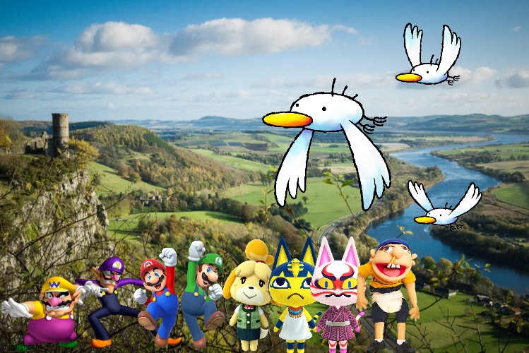 Wario and Friends discovers a flock of Giant Goonies while having a vacation in Scotland | image tagged in scotland river tay,super mario,jeffy,animal crossing,crossover | made w/ Imgflip meme maker