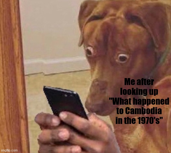 shocked dog | Me after looking up "What happened to Cambodia in the 1970's" | image tagged in shocked dog | made w/ Imgflip meme maker