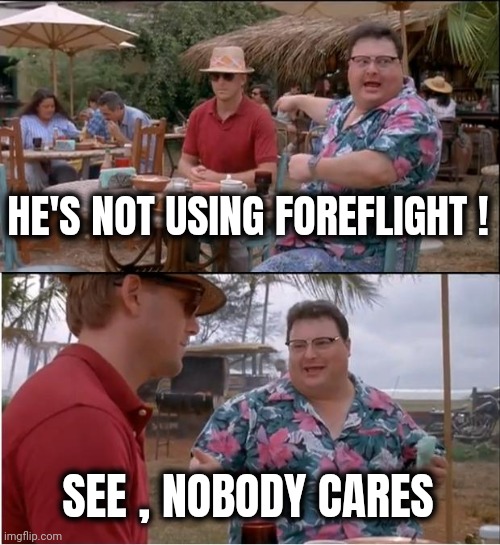 See Nobody Cares Meme | HE'S NOT USING FOREFLIGHT ! SEE , NOBODY CARES | image tagged in memes,see nobody cares | made w/ Imgflip meme maker