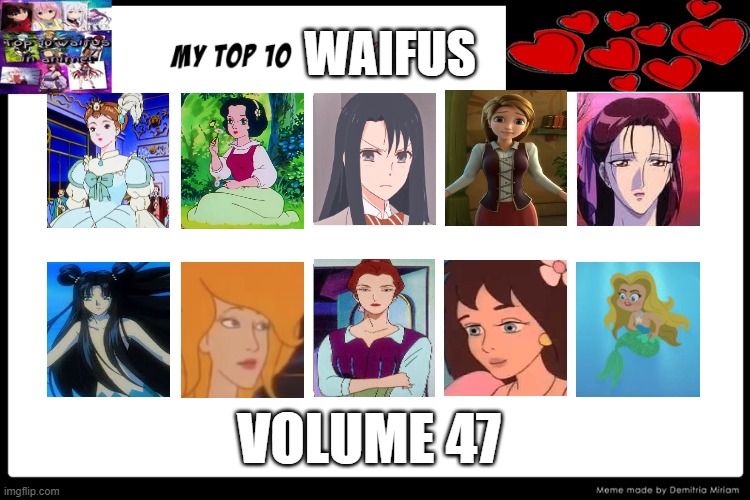 top 10 waifus volume 47 | WAIFUS; VOLUME 47 | image tagged in top 10 waifus,ak47,cinderella,anime,snow white,hot babes | made w/ Imgflip meme maker