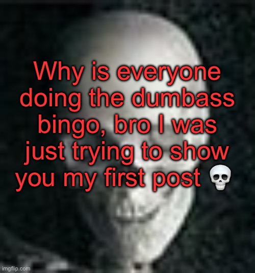 . | Why is everyone doing the dumbass bingo, bro I was just trying to show you my first post 💀 | image tagged in skull | made w/ Imgflip meme maker