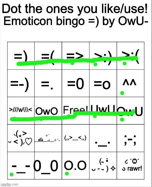 i use most of them ironically | image tagged in dot the ones you like/use emoticons bingo by owu | made w/ Imgflip meme maker