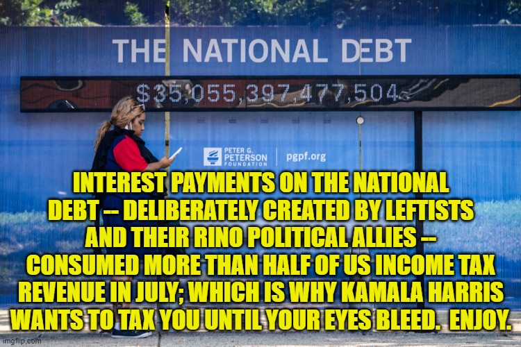 Alas, this is NOT rocket science. | INTEREST PAYMENTS ON THE NATIONAL DEBT -- DELIBERATELY CREATED BY LEFTISTS AND THEIR RINO POLITICAL ALLIES -- CONSUMED MORE THAN HALF OF US INCOME TAX REVENUE IN JULY; WHICH IS WHY KAMALA HARRIS WANTS TO TAX YOU UNTIL YOUR EYES BLEED.  ENJOY. | image tagged in yep | made w/ Imgflip meme maker