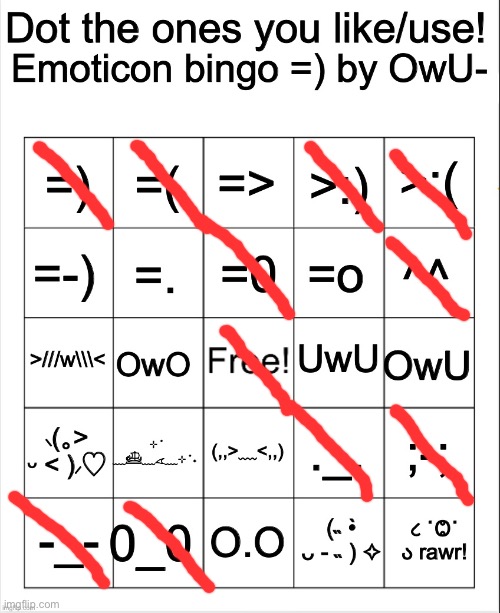 Dot the ones you like/use emoticons bingo by Owu | image tagged in dot the ones you like/use emoticons bingo by owu | made w/ Imgflip meme maker