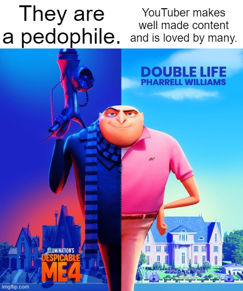 Double Life | They are a pedophile. YouTuber makes well made content and is loved by many. | image tagged in double life,drake,pedophile | made w/ Imgflip meme maker