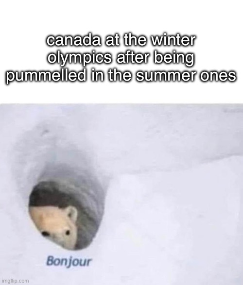 canada | canada at the winter olympics after being pummelled in the summer ones | image tagged in bonjour | made w/ Imgflip meme maker