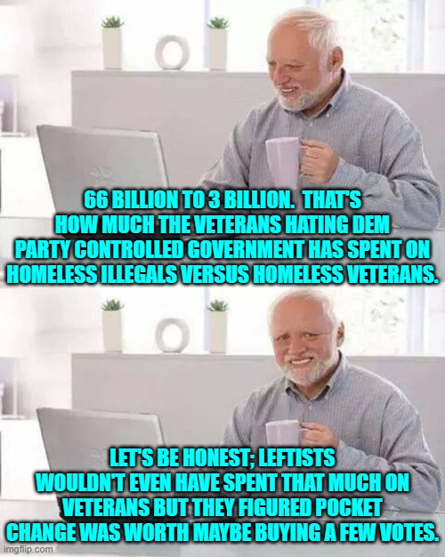 Good luck with that leftists. | 66 BILLION TO 3 BILLION.  THAT'S HOW MUCH THE VETERANS HATING DEM PARTY CONTROLLED GOVERNMENT HAS SPENT ON HOMELESS ILLEGALS VERSUS HOMELESS VETERANS. LET'S BE HONEST; LEFTISTS WOULDN'T EVEN HAVE SPENT THAT MUCH ON VETERANS BUT THEY FIGURED POCKET CHANGE WAS WORTH MAYBE BUYING A FEW VOTES. | image tagged in hide the pain harold | made w/ Imgflip meme maker
