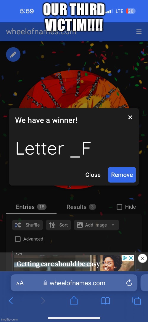 17 players remaining. | OUR THIRD VICTIM!!!! | made w/ Imgflip meme maker