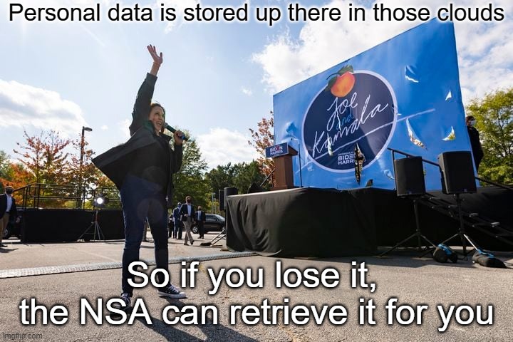 Personal data is stored up there in those clouds So if you lose it, 
the NSA can retrieve it for you | made w/ Imgflip meme maker