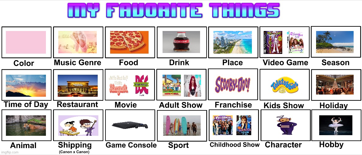 Brandon's Favorite Things | image tagged in ed edd n eddy,full house,teletubbies,the loud house,ballet,surfing | made w/ Imgflip meme maker