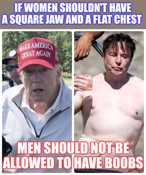 Should men and women always have to look like society's imagine of men and women? | IF WOMEN SHOULDN'T HAVE A SQUARE JAW AND A FLAT CHEST; MEN SHOULD NOT BE ALLOWED TO HAVE B00BS | image tagged in feminism,gender equality,transphobic,donald trump,elon musk | made w/ Imgflip meme maker