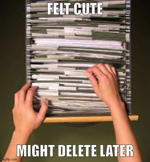 Filing cabinet | FELT CUTE; MIGHT DELETE LATER | image tagged in filing cabinet | made w/ Imgflip meme maker