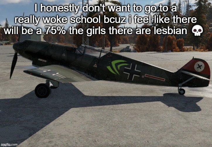 Plus they ask "what are your pronouns" on the about your pages ☠️ | I honestly don't want to go to a really woke school bcuz i feel like there will be a 75% the girls there are lesbian 💀 | image tagged in nvidia plane | made w/ Imgflip meme maker