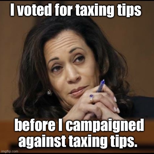 Create a problem then try to sell the cure | I voted for taxing tips; before I campaigned against taxing tips. | image tagged in kamala harris,politics lol,memes | made w/ Imgflip meme maker