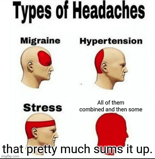 Headaches | All of them combined and then some; that pretty much sums it up. | image tagged in types of headaches meme,can't argue with that / technically not wrong,oh okay | made w/ Imgflip meme maker