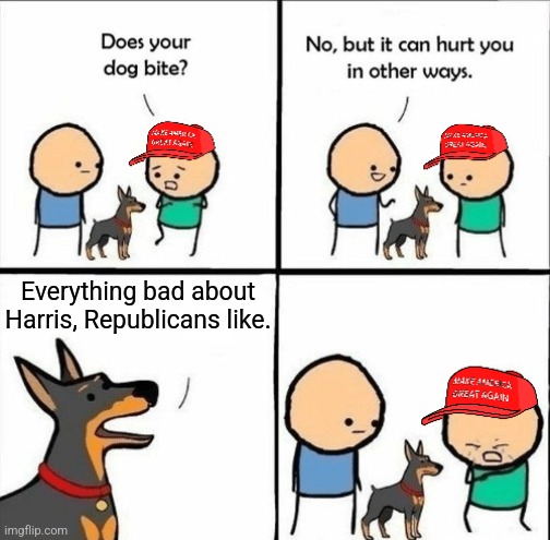 MAGA does your dog bite | Everything bad about Harris, Republicans like. | image tagged in maga does your dog bite | made w/ Imgflip meme maker