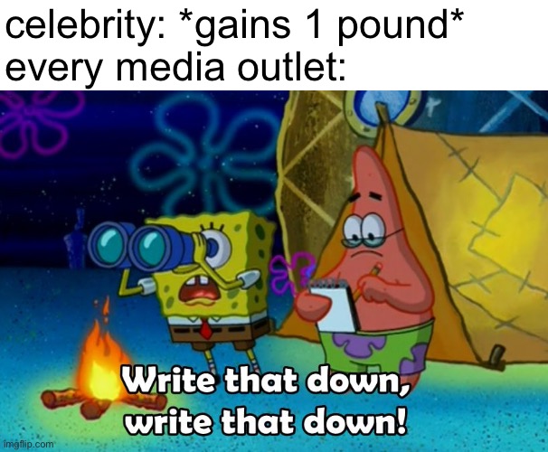 write that down | celebrity: *gains 1 pound*
every media outlet: | image tagged in write that down,funny,memes,oh wow are you actually reading these tags | made w/ Imgflip meme maker