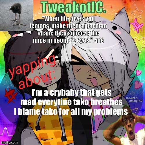 Abusing Tweak announcement temp | I’m a crybaby that gets mad everytine tako breathes I blame tako for all my problems | image tagged in smores 14th announcement temp | made w/ Imgflip meme maker