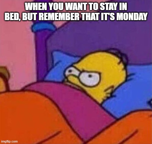 angry homer simpson in bed | WHEN YOU WANT TO STAY IN BED, BUT REMEMBER THAT IT'S MONDAY | image tagged in angry homer simpson in bed | made w/ Imgflip meme maker