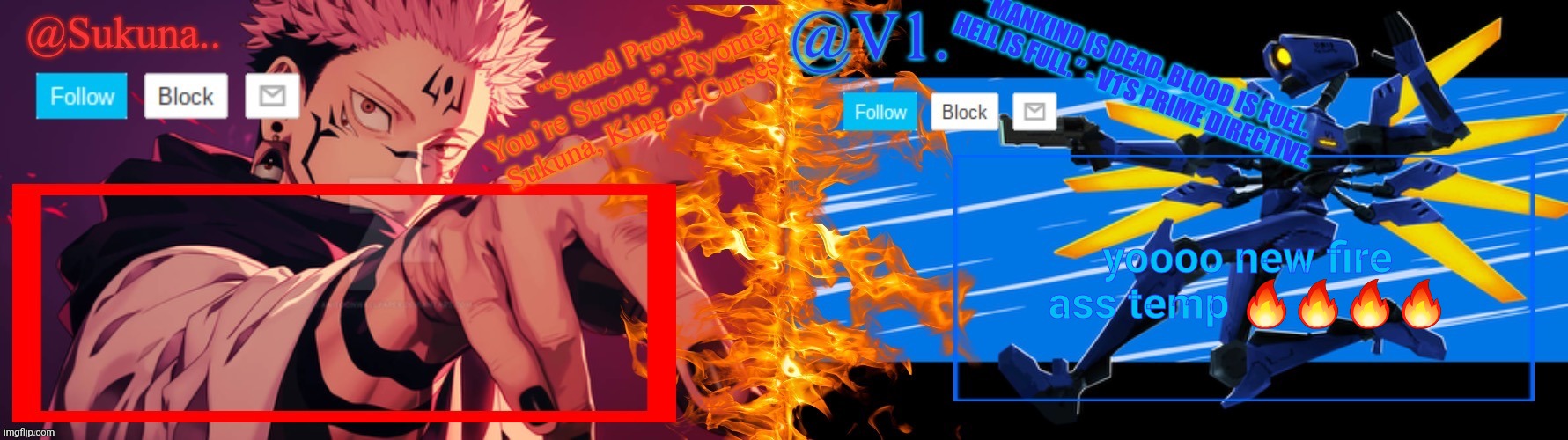 V2 can stay mad | yoooo new fire ass temp 🔥🔥🔥🔥 | image tagged in sukuna and v1 announcement temp | made w/ Imgflip meme maker