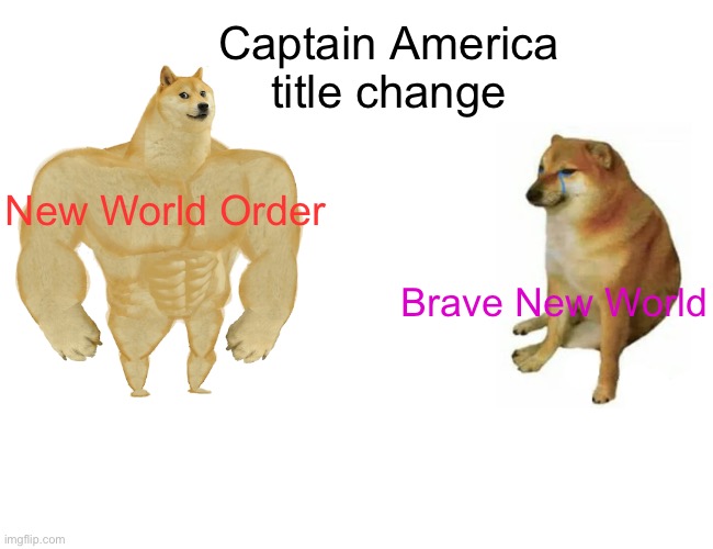 From boss to wimpy | Captain America title change; New World Order; Brave New World | image tagged in memes,buff doge vs cheems,captain america | made w/ Imgflip meme maker