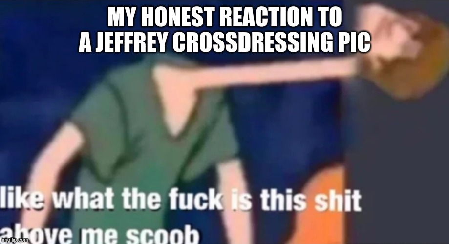 Like what the f*ck is this sh*t above me scoob | MY HONEST REACTION TO A JEFFREY CROSSDRESSING PIC | image tagged in like what the f ck is this sh t above me scoob | made w/ Imgflip meme maker