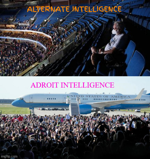 Trump AI | ALTERNATE INTELLIGENCE; ADROIT INTELLIGENCE | image tagged in my crowd is bigger,trump's shrinking,small crowd,trump's green | made w/ Imgflip meme maker