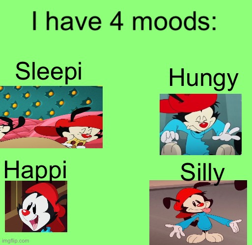 Wakko's Four Moods | Hungy; Sleepi; Silly; Happi | image tagged in i have 4 moods | made w/ Imgflip meme maker