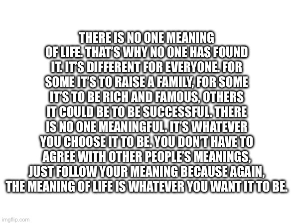 The meaning of life | THERE IS NO ONE MEANING OF LIFE. THAT’S WHY NO ONE HAS FOUND IT. IT’S DIFFERENT FOR EVERYONE. FOR SOME IT’S TO RAISE A FAMILY, FOR SOME IT’S TO BE RICH AND FAMOUS, OTHERS IT COULD BE TO BE SUCCESSFUL. THERE IS NO ONE MEANINGFUL. IT’S WHATEVER YOU CHOOSE IT TO BE. YOU DON’T HAVE TO AGREE WITH OTHER PEOPLE’S MEANINGS, JUST FOLLOW YOUR MEANING BECAUSE AGAIN, THE MEANING OF LIFE IS WHATEVER YOU WANT IT TO BE. | image tagged in the meaning of life | made w/ Imgflip meme maker