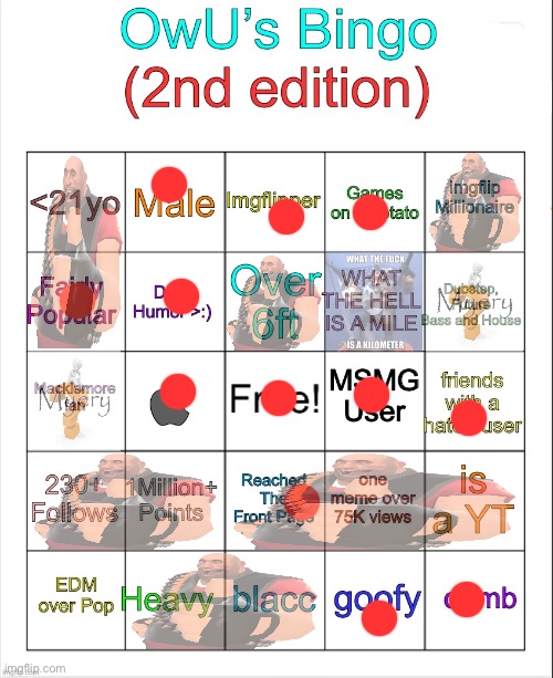 OwU’s bingo | image tagged in owu s bingo,tf2 heavy good for you,myery,wtf is a kilometer | made w/ Imgflip meme maker