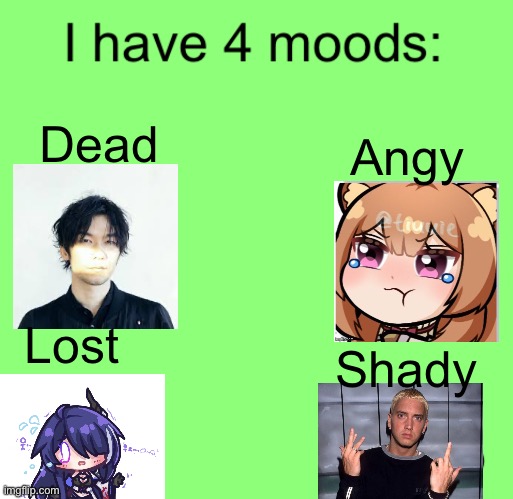 I’m very weird | Angy; Dead; Lost; Shady | image tagged in i have 4 moods | made w/ Imgflip meme maker