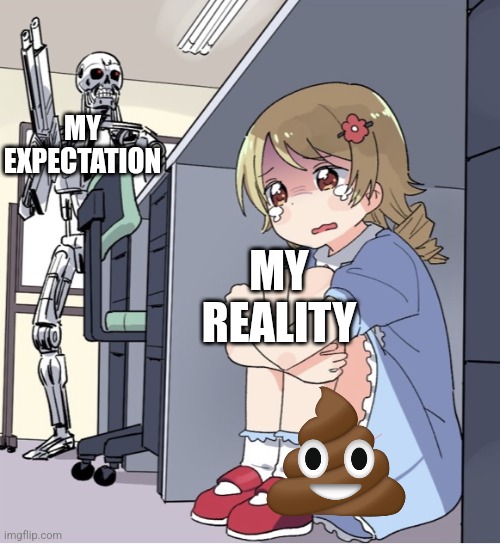 My reality not appropriate with expectation | MY EXPECTATION; MY REALITY | image tagged in anime girl hiding from terminator,reality,expectation | made w/ Imgflip meme maker