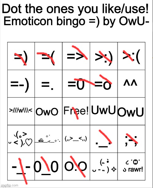 Dot the ones you like/use emoticons bingo by Owu | image tagged in dot the ones you like/use emoticons bingo by owu | made w/ Imgflip meme maker