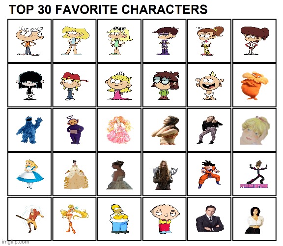 Brandon's Top 30 Characters | image tagged in the loud house,family guy,teletubbies,disney princess,the simpsons,sesame street | made w/ Imgflip meme maker