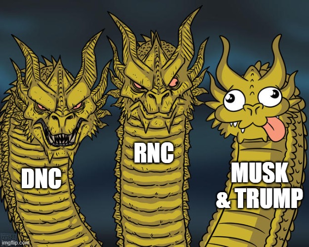 Three-headed Dragon | RNC DNC MUSK & TRUMP | image tagged in three-headed dragon | made w/ Imgflip meme maker