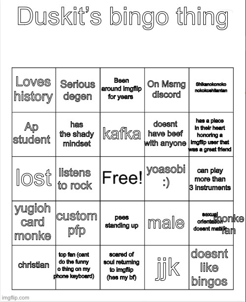 Imma just say all apply | image tagged in duskit s bingo | made w/ Imgflip meme maker