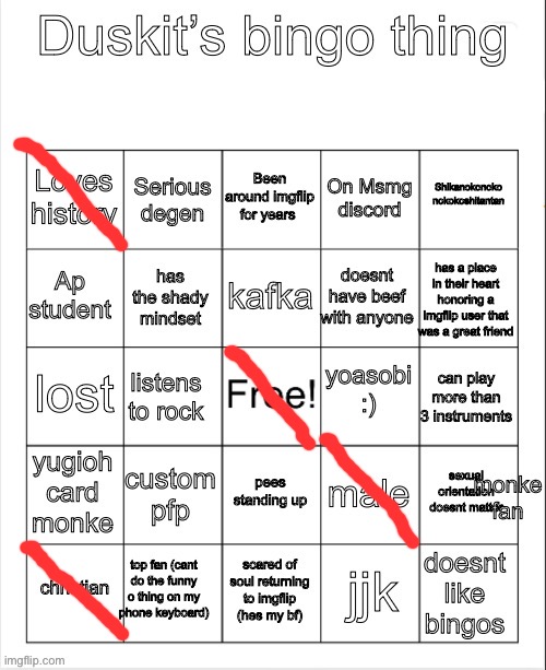 Duskit’s  bingo | image tagged in duskit s bingo | made w/ Imgflip meme maker