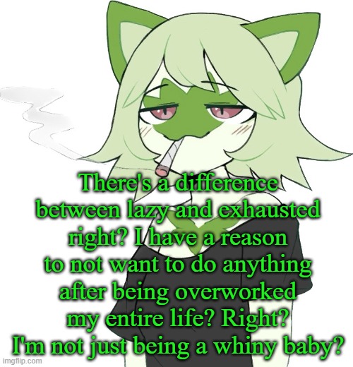 weed cat | There's a difference between lazy and exhausted right? I have a reason to not want to do anything after being overworked my entire life? Right? I'm not just being a whiny baby? | image tagged in weed cat | made w/ Imgflip meme maker
