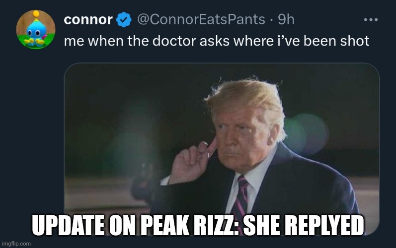 Trump | UPDATE ON PEAK RIZZ: SHE REPLYED | image tagged in trump | made w/ Imgflip meme maker