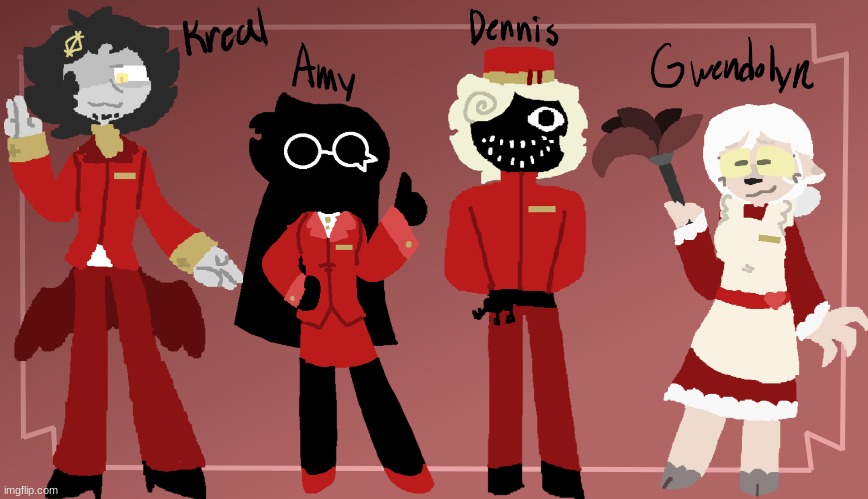 Meet the staff! | image tagged in ocs,hotel,drawings | made w/ Imgflip meme maker