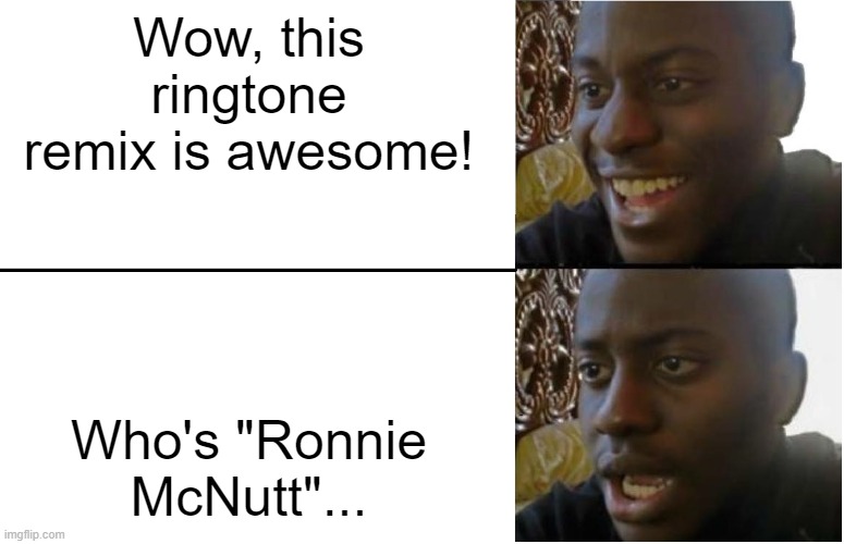 Disappointed Black Guy | Wow, this ringtone remix is awesome! Who's "Ronnie McNutt"... | image tagged in disappointed black guy | made w/ Imgflip meme maker