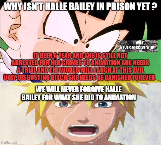 gohan meets naruto | WE WILL NEVER FORGIVE HALLE BAILEY FOR WHAT SHE DID TO ANIMATION | image tagged in gohan angry at halle,naruto,dragon ball z,so you know how some sins are unforgivable,disney,anime meme | made w/ Imgflip meme maker