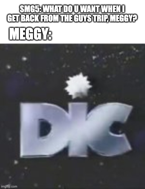 im outta ideas | SMG5: WHAT DO U WANT WHEN I GET BACK FROM THE GUYS TRIP, MEGGY? MEGGY: | image tagged in dic | made w/ Imgflip meme maker