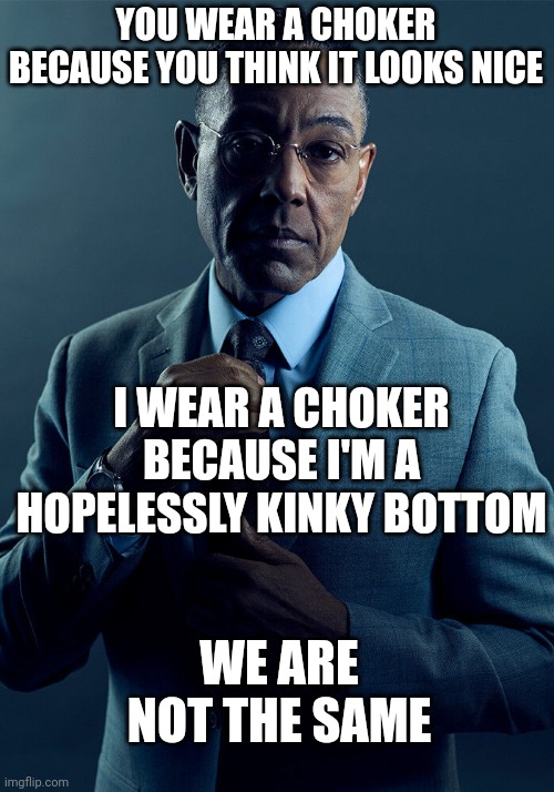 Gus Fring we are not the same | YOU WEAR A CHOKER BECAUSE YOU THINK IT LOOKS NICE; I WEAR A CHOKER BECAUSE I'M A HOPELESSLY KINKY BOTTOM; WE ARE NOT THE SAME | image tagged in gus fring we are not the same | made w/ Imgflip meme maker