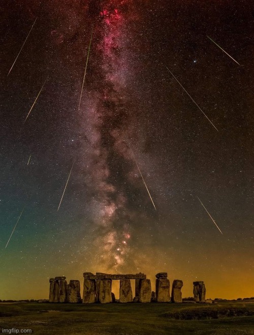 Meteor Shower over StonehengePhoto credit: Nick Bull | image tagged in stonehenge,meteor,milky way,awesome,photography | made w/ Imgflip meme maker