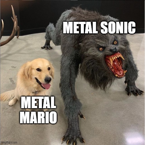 dog vs werewolf | METAL SONIC; METAL MARIO | image tagged in dog vs werewolf,super mario,sonic the hedgehog | made w/ Imgflip meme maker