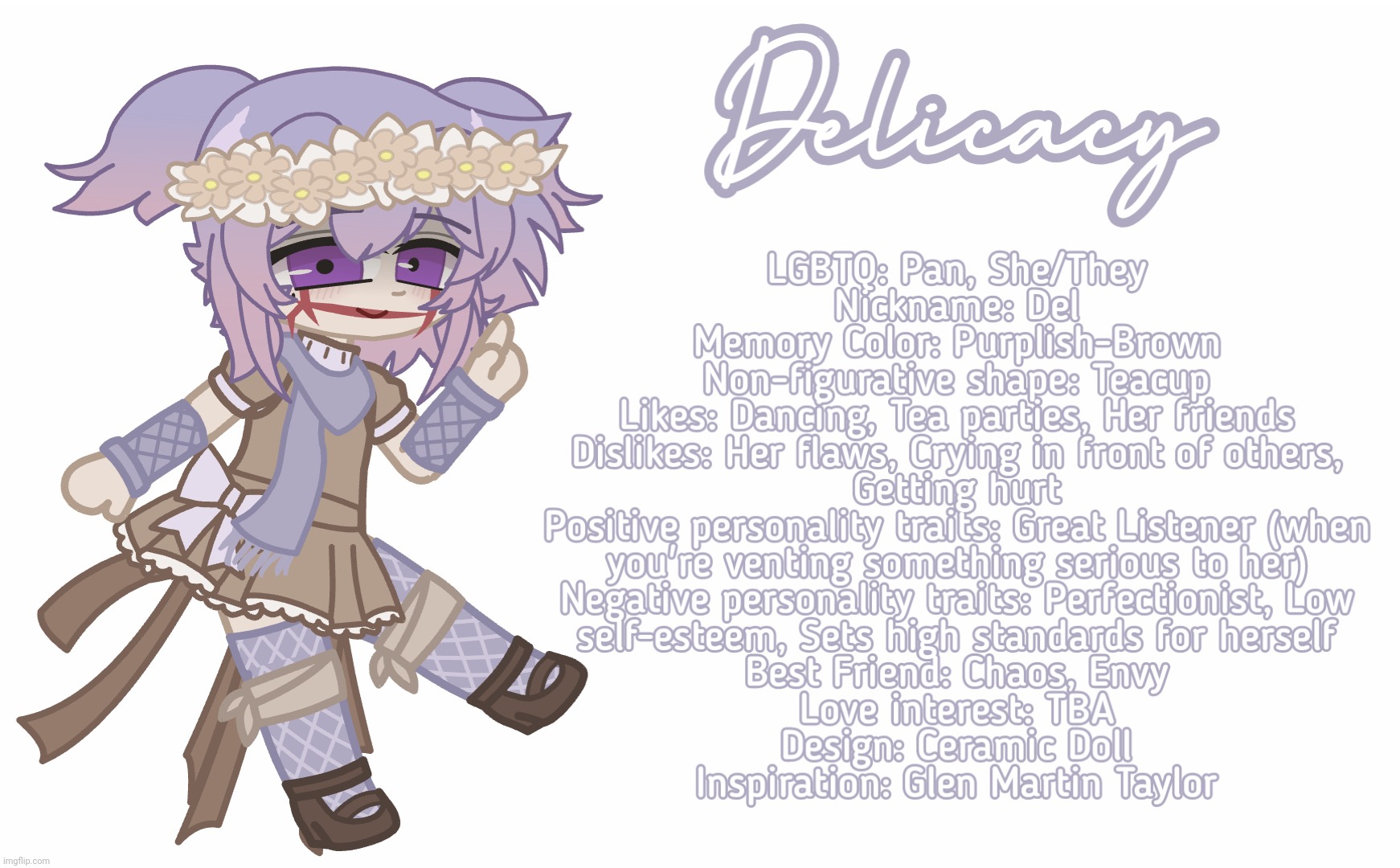 Meet Delicacy (my second inside out oc) (ALSO THAT'S LIPSTICK ON HER FACE BTW) | image tagged in inside out,delicacy | made w/ Imgflip meme maker