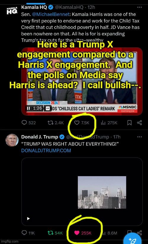 The polls are lying to setup a steal | Here is a Trump X engagement compared to a Harris X engagement.  And the polls on Media say Harris is ahead?  I call bullsh--. | image tagged in kamala harris,donald trump,biased media,polls | made w/ Imgflip meme maker